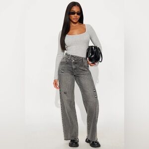 Fashion Nova Gray Distressed Wide Leg Jeans